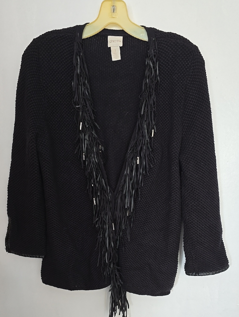 Chico's Black Fringe-Trim Knit Cardigan Hook & Eye Closure Size M